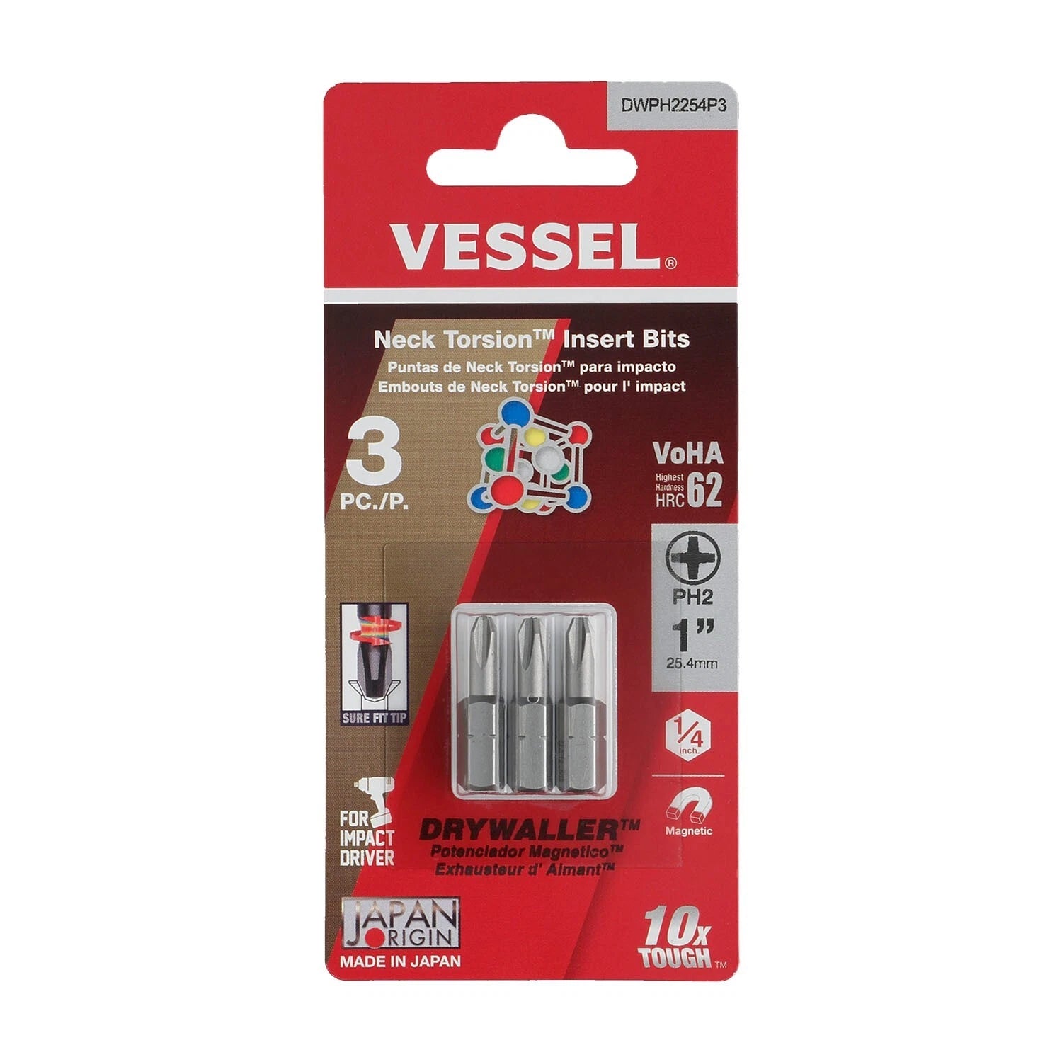 Vessel Drywaller Insert Impact Bits Phillips Ph2 1/4" Hex Made In