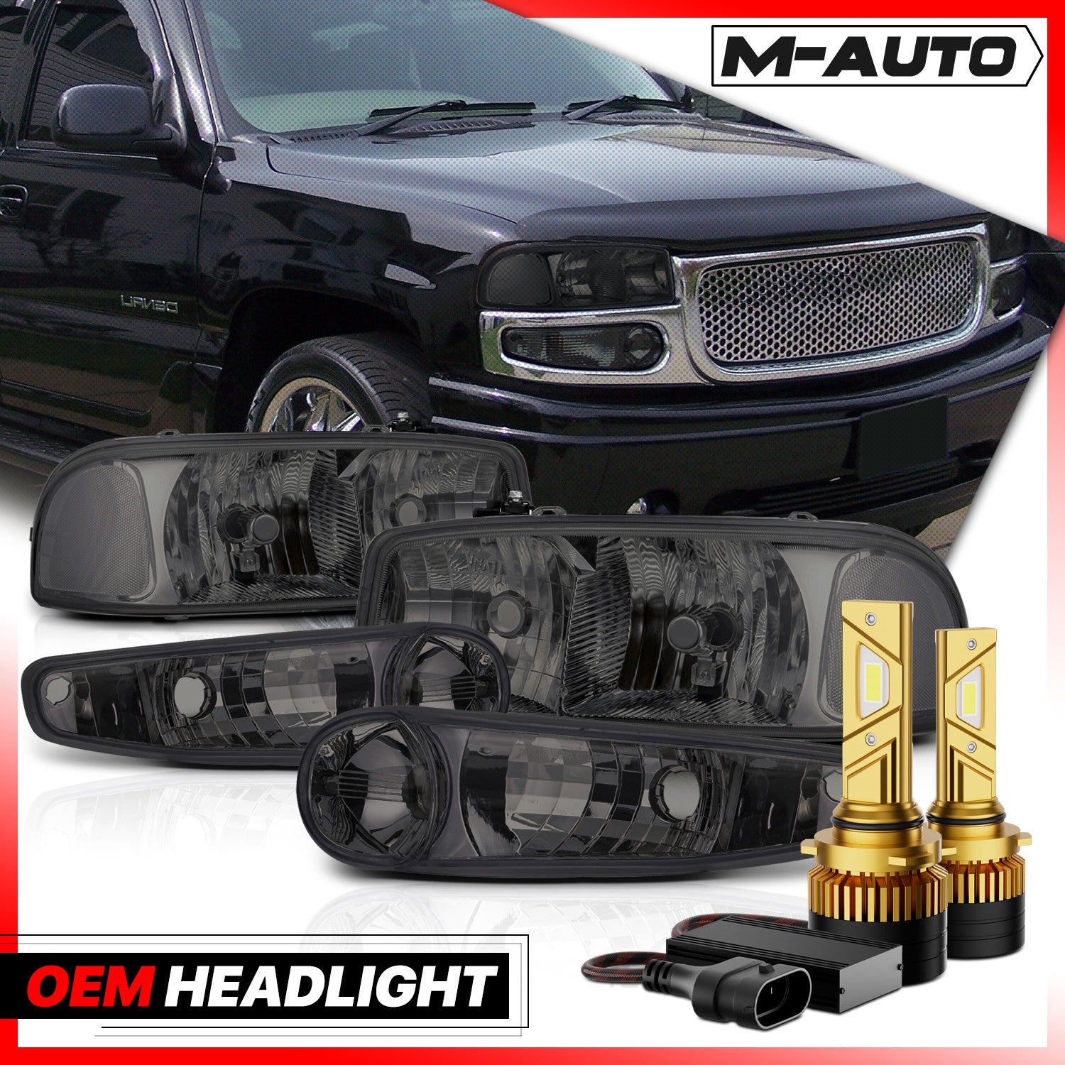 4PCS LH+RH Headlight+6500K LED Bulbs w/Fan for 01-06 GM