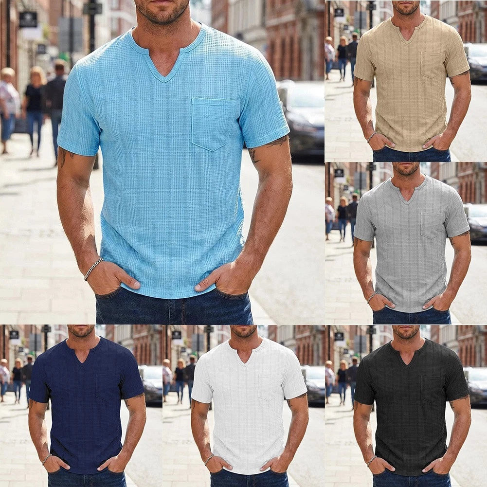 Plaid Texture Men's T Shirt With Loose Fit And V Neck For Warm