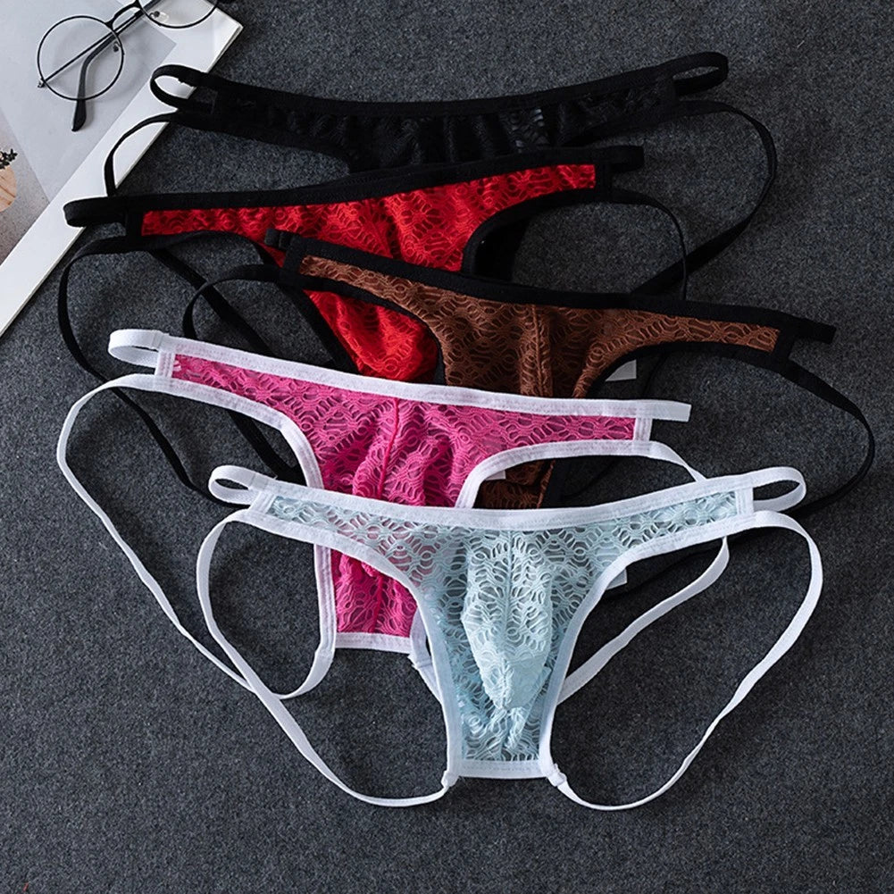 Mens Hollow Lace Thongs Low Rise G Strings Underwear See Through