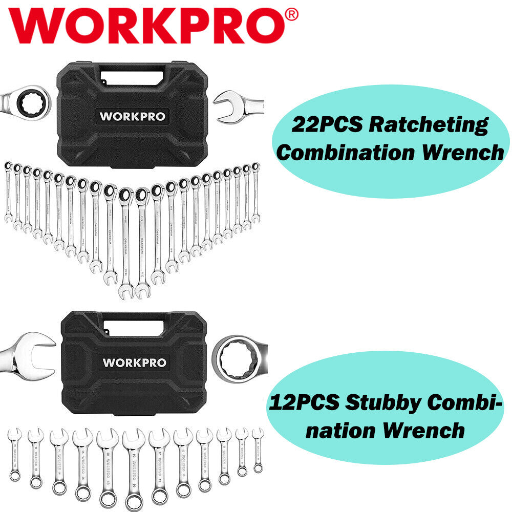 WORKPRO 22PIECE Ratcheting/12PIECE Stubby Combination Wrench Set