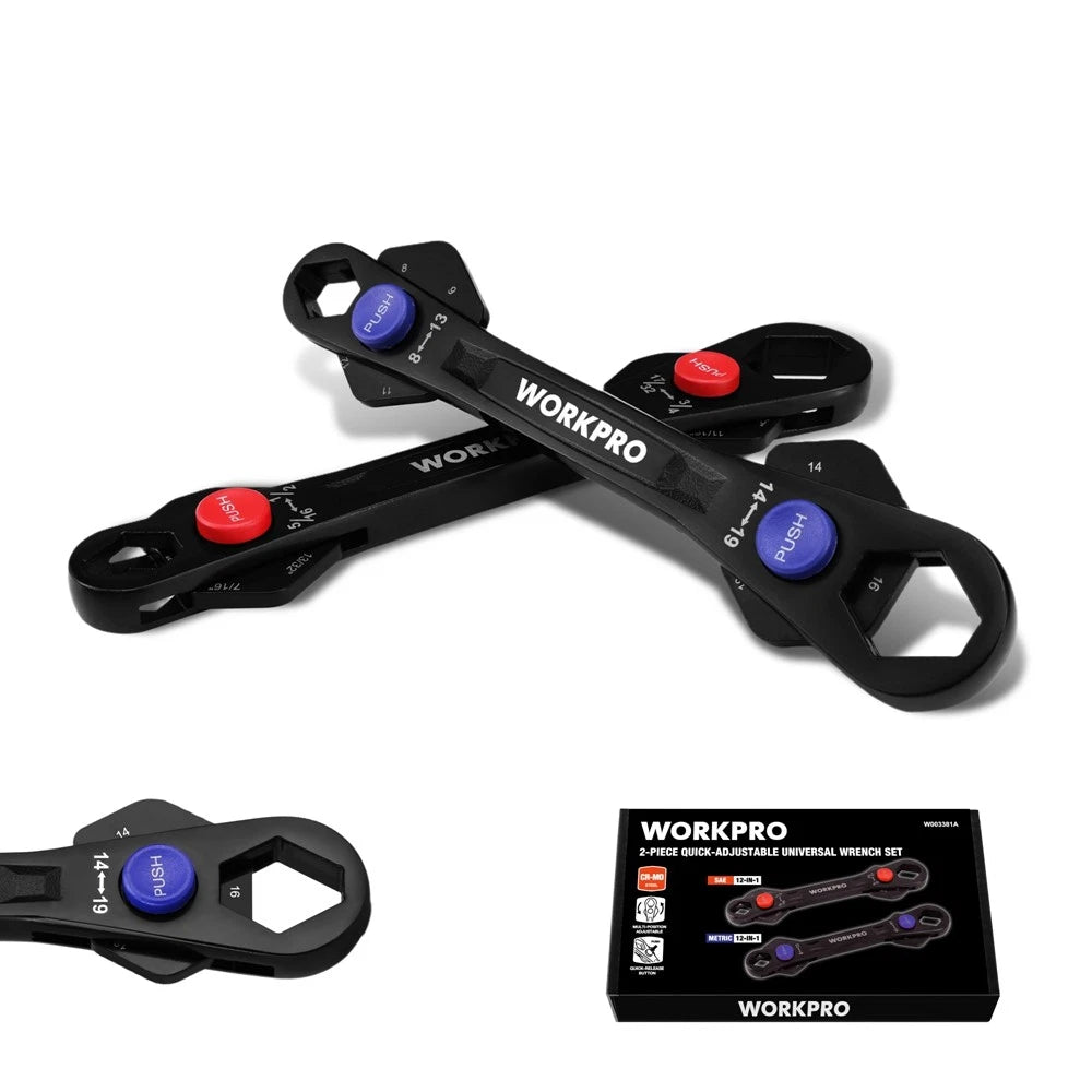 WORKPRO 2PC 12-in-1 Universal Adjustable Wrench Set Multi Head 8-19mm 5/16"-3/4"