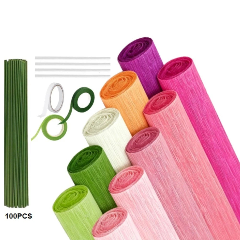 10 Rolls Crepe Paper Crafting Kit Pink Green Orange White 250x25cm