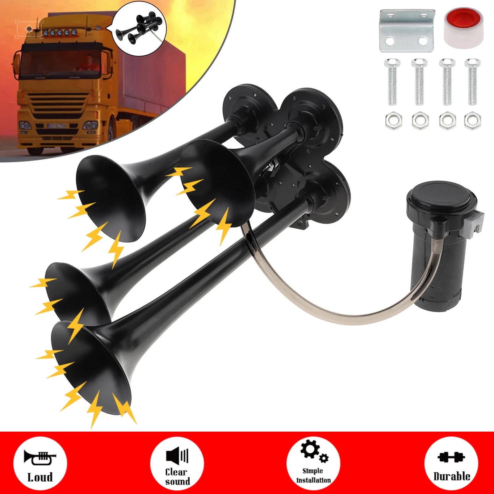 4 Trumpet Metal Air Horns 185db Ultra Loud With Compressor For Pickup