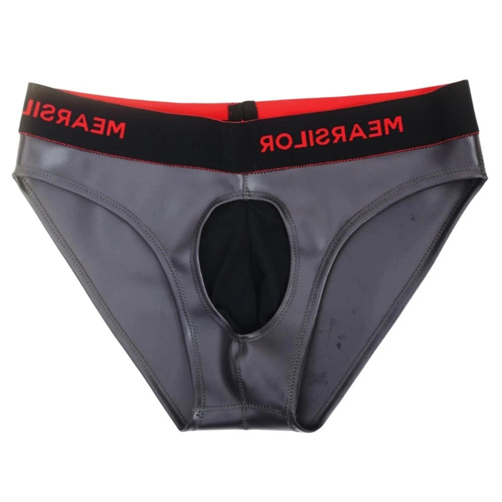 Faux Latex Men's Briefs Low Rise With Breathable Mesh Bulge Pouch For
