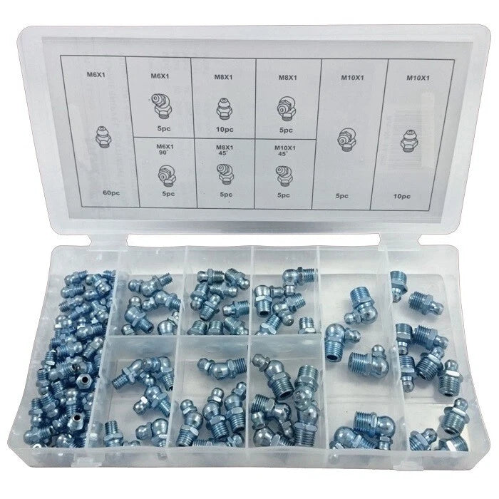 110pc Metric Hydraulic Grease Gun Nipple Fitting Assortment:M6-<wbr/>M10 Str. Bent