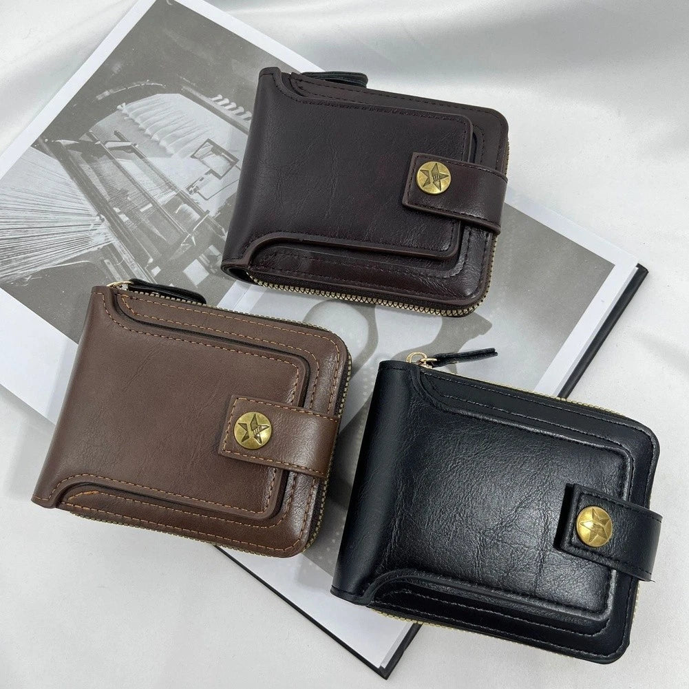 Men's Pu Leather Wallet Compact Tri Fold With Shielding Zip Coin