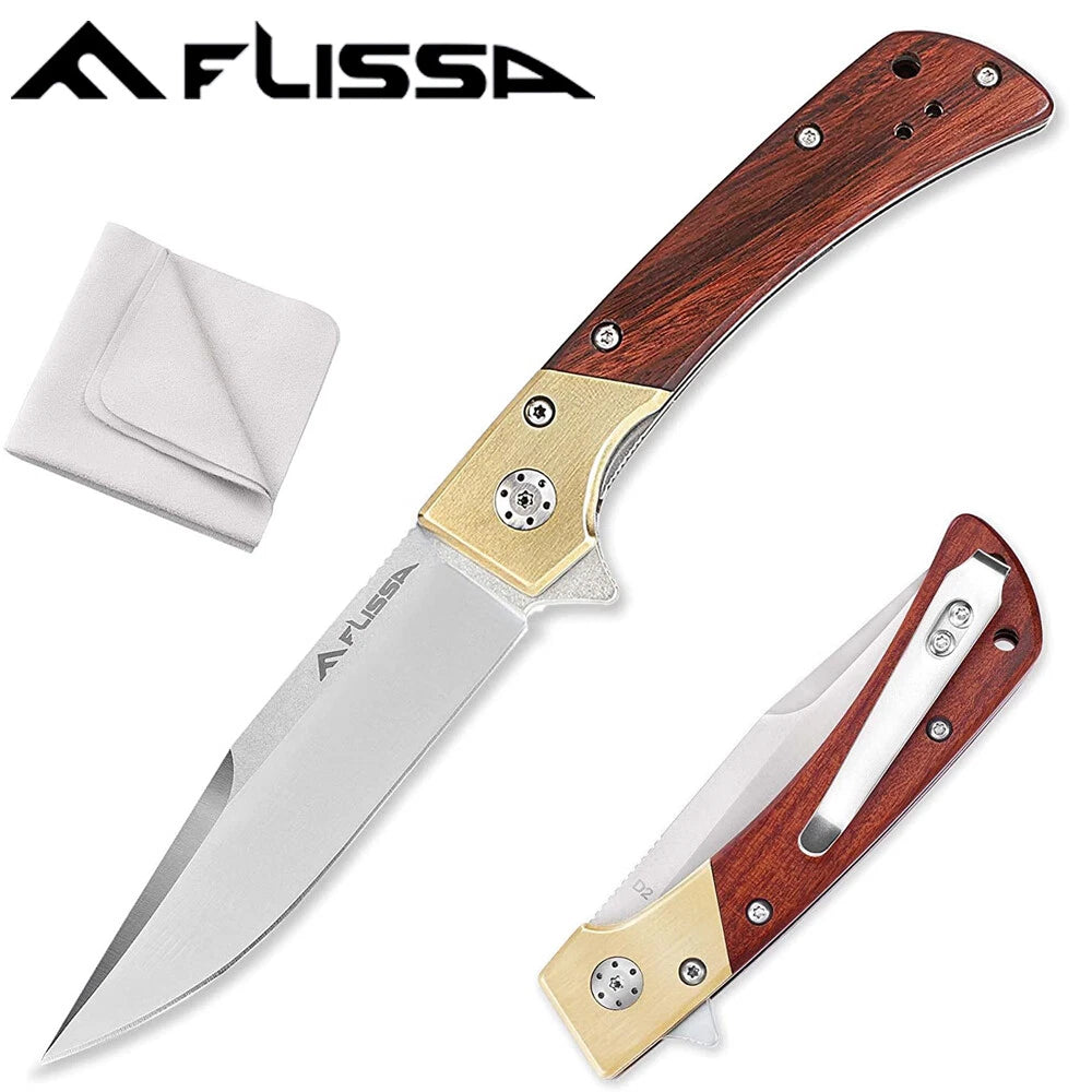 Flissa D2 Steel Pocket Folding Knife Ball Bearing Elegant Copper Wood