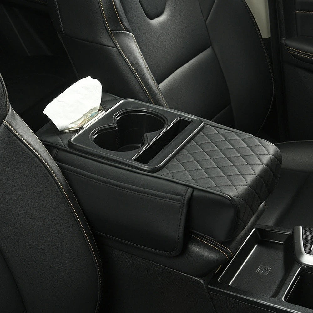 Thick Pu Leather Car Armrest Cushion With Cup Holder And Storage
