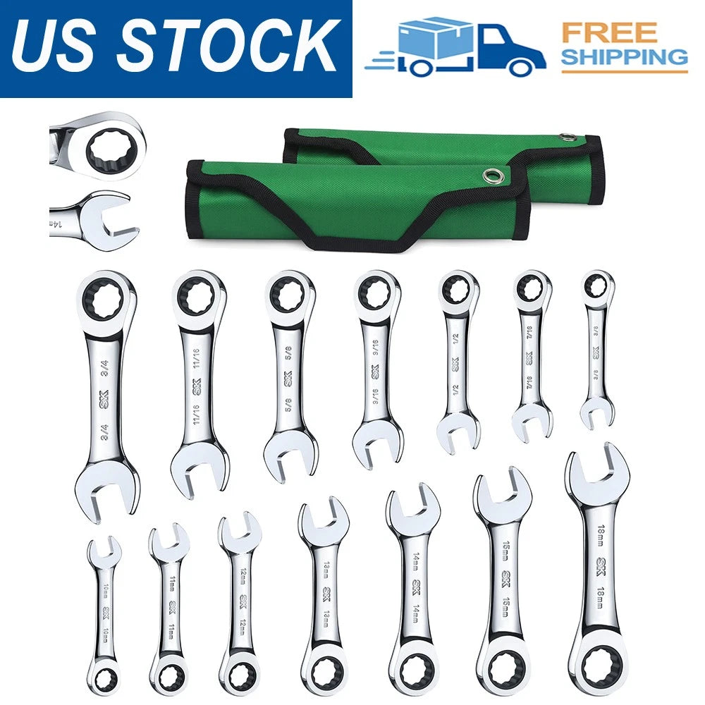 Sk New 14-piece Stubby Ratcheting Wrench Set Sae & Metric 3/8"-11/16"