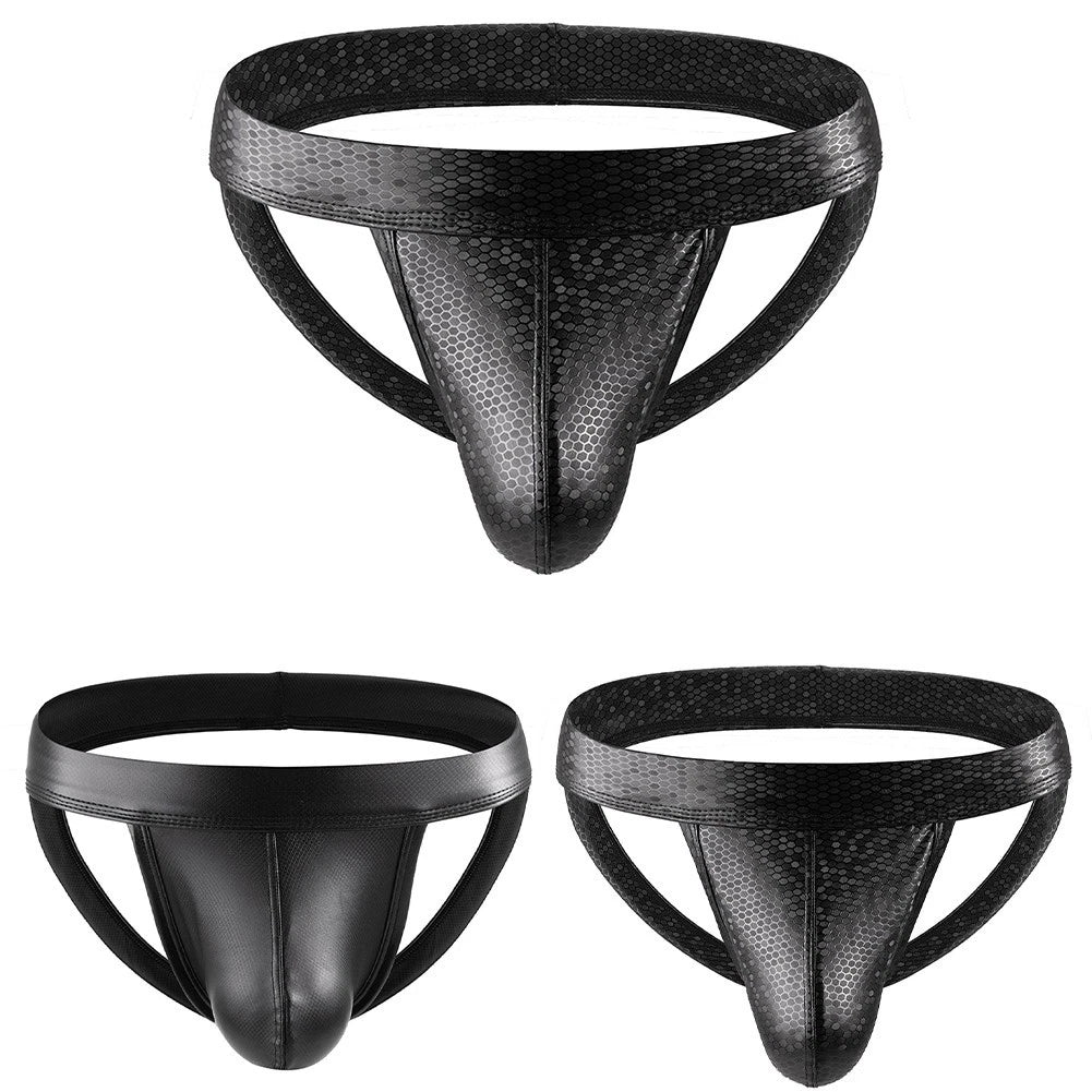 Men Pu Leather Print Low Waist Underwear Open Butt Thongs G String