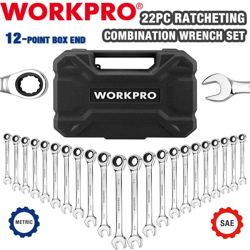 WORKPRO 22-Piece Ratcheting Combination Wrench Set 72 Teeth CR-V Metric &amp; SAE