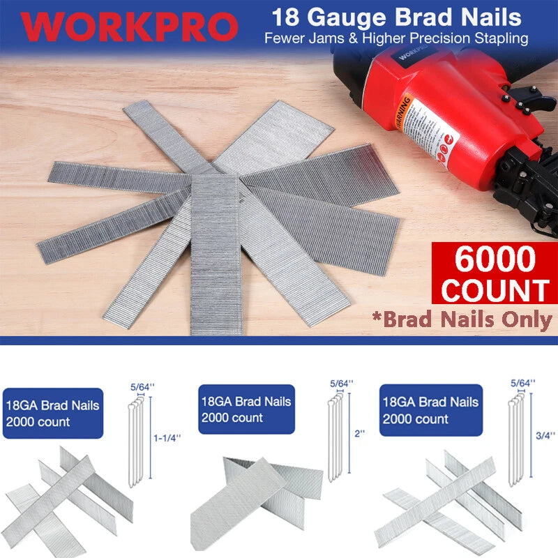 Workpro 6000 Counts 18 Ga Brad Nails 2'' 1-1/4'' 3/4'' Straight