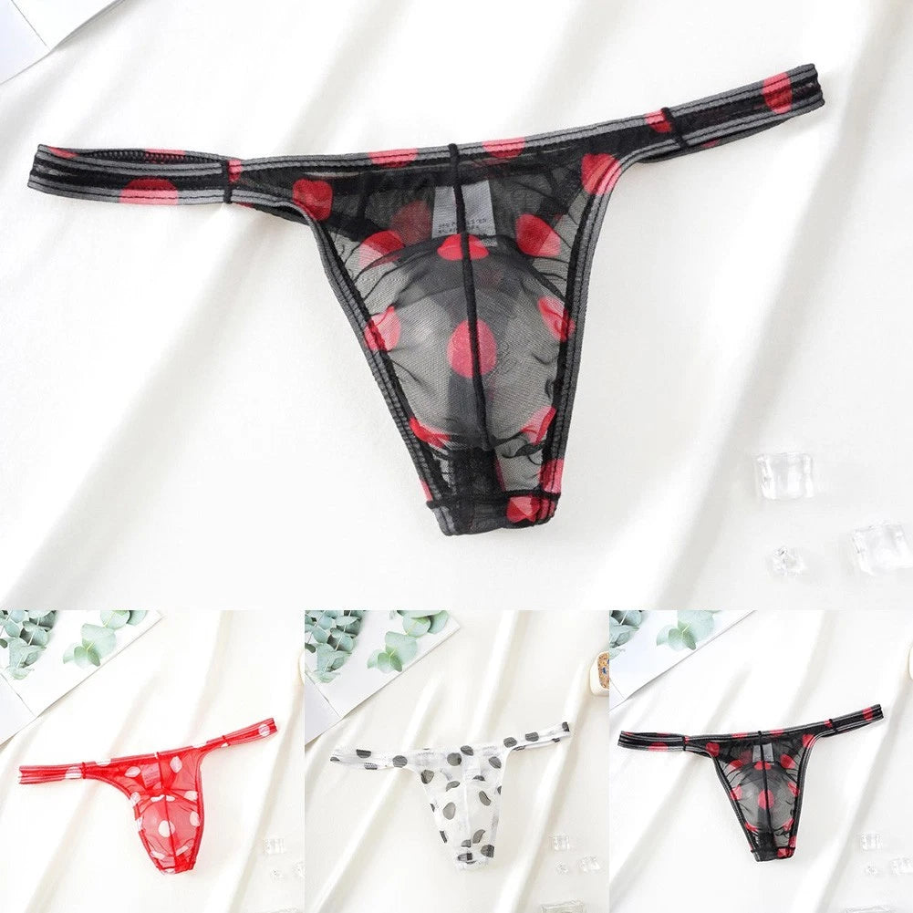 Mens Translucent Mesh Underwear Thongs Breathable U Pouch Printed G
