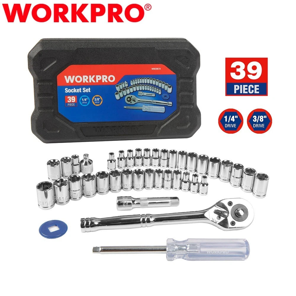 WORKPRO 39PCS 1/4" 3/8" Drive Socket Set Socket Wrench Set Metric SAE With Case