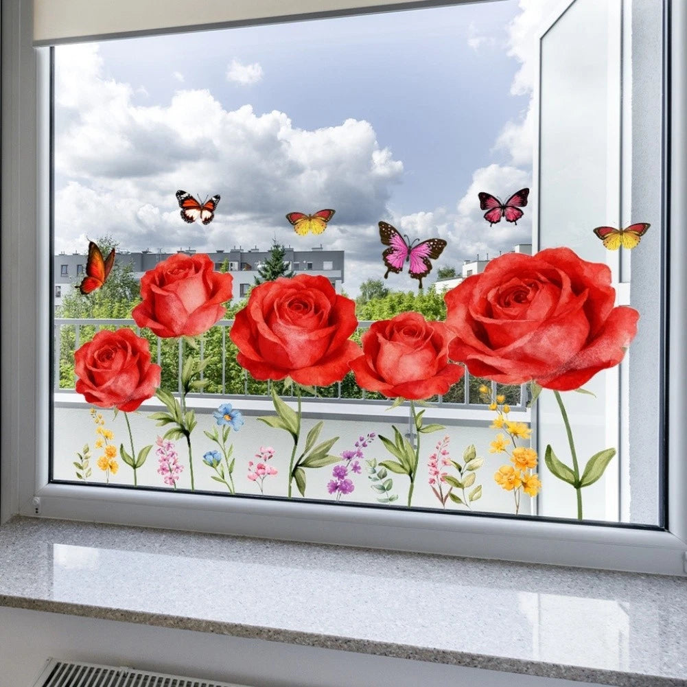 Red Rose Butterfly Window Static Cling Decor Pvc Film 11.81 X 23.62 In