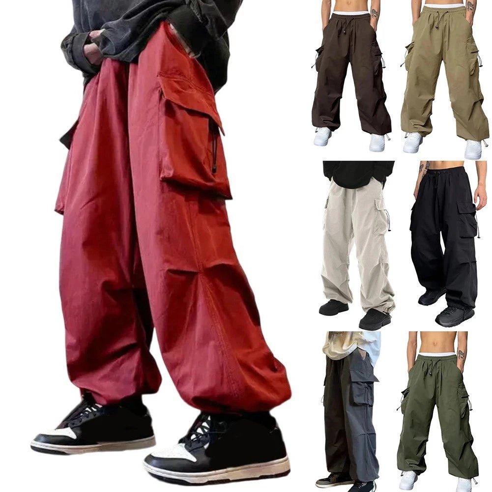 Korean High Street Men Cargo Pants Loose Fit Wide Leg Elastic