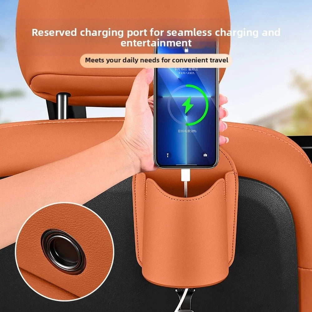 Car Seat Back Hook With Cup Holder Phone Storage Slot Leather