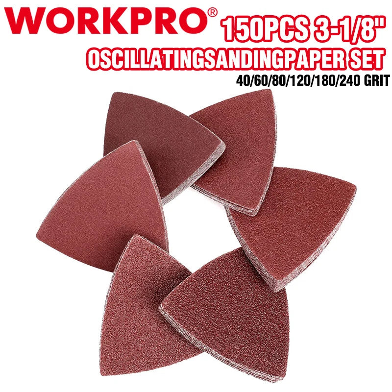 WORKPRO 150PCS 3-1/8" Triangle Sanding Pads Hook Loop 40/60/80/120/1<wbr/>80/240 Grits