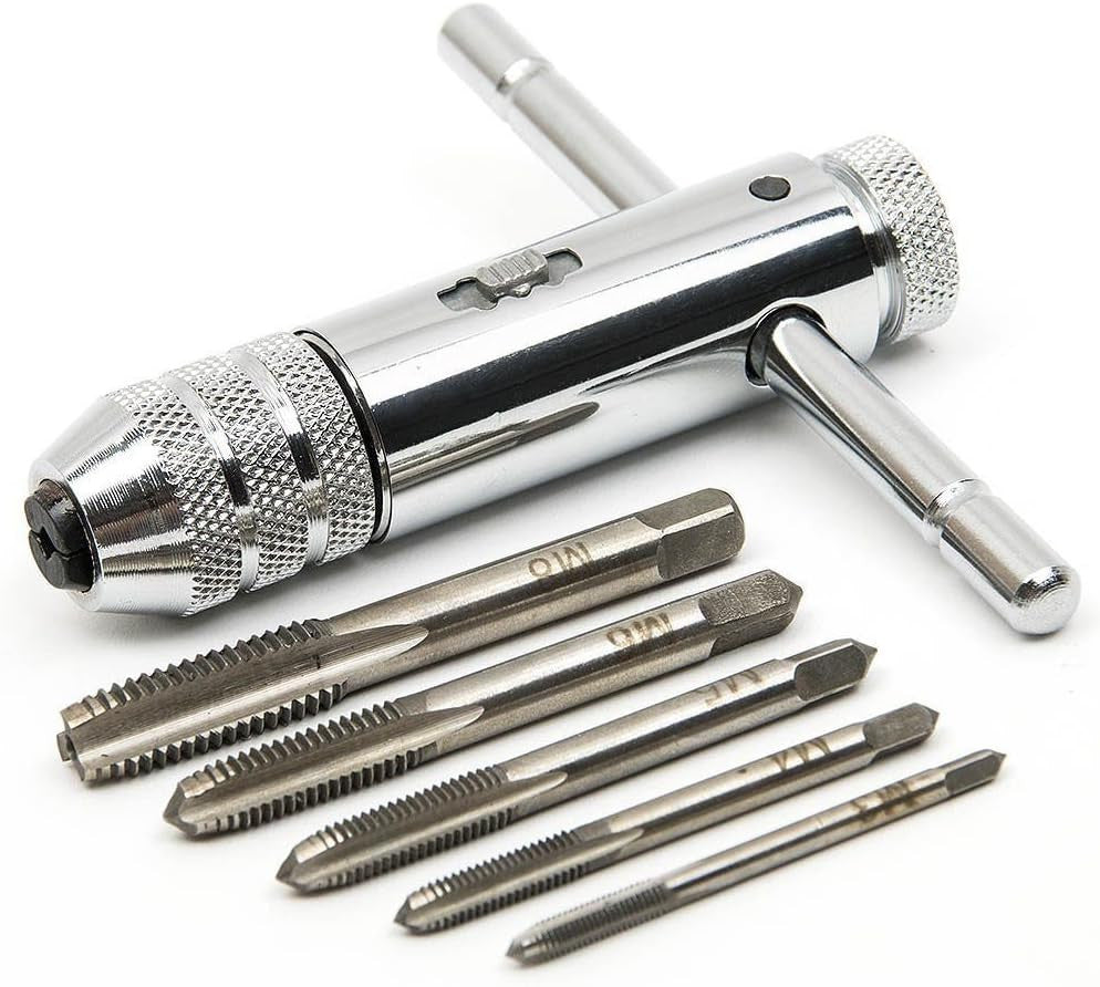 Adjustable Silver T-Handle Ratchet Tap Holder Wrench with 5Pcs M3-M8