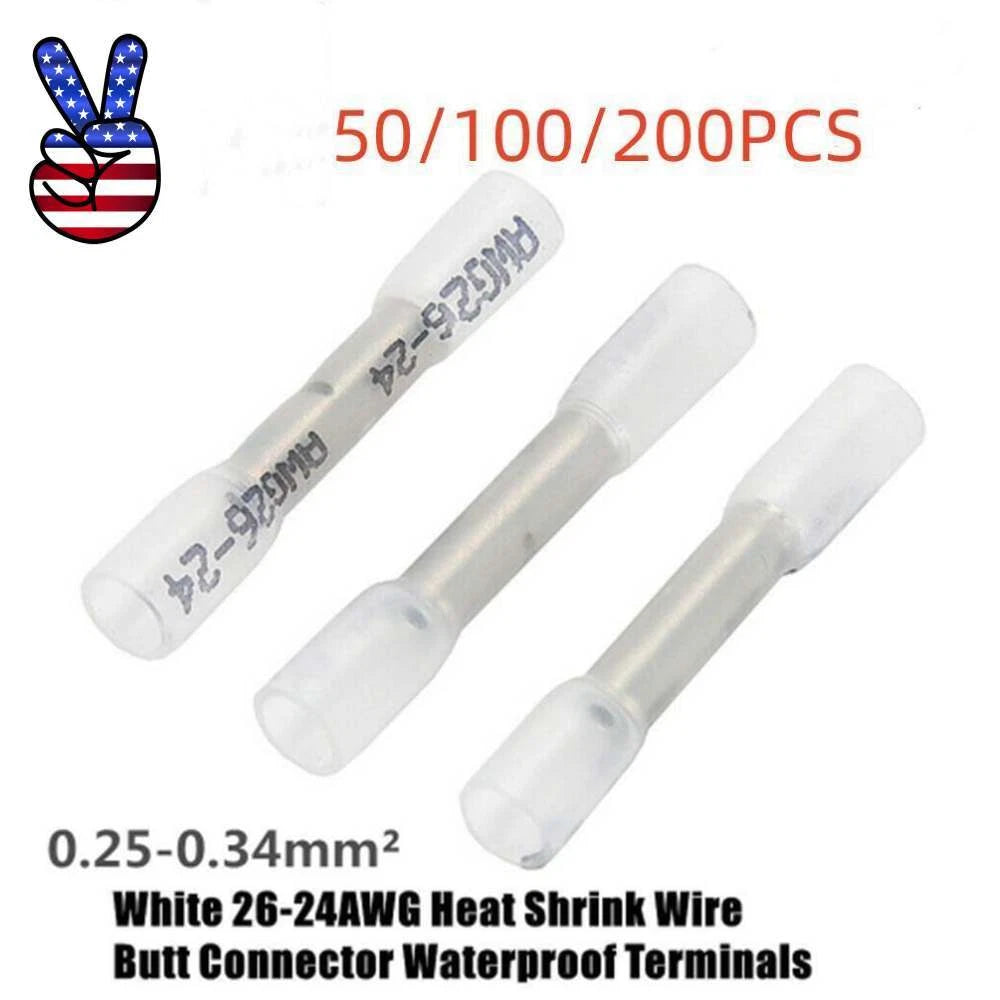 White Heat Shrink Butt Wire Connectors Crimp Terminals Awg 26-24