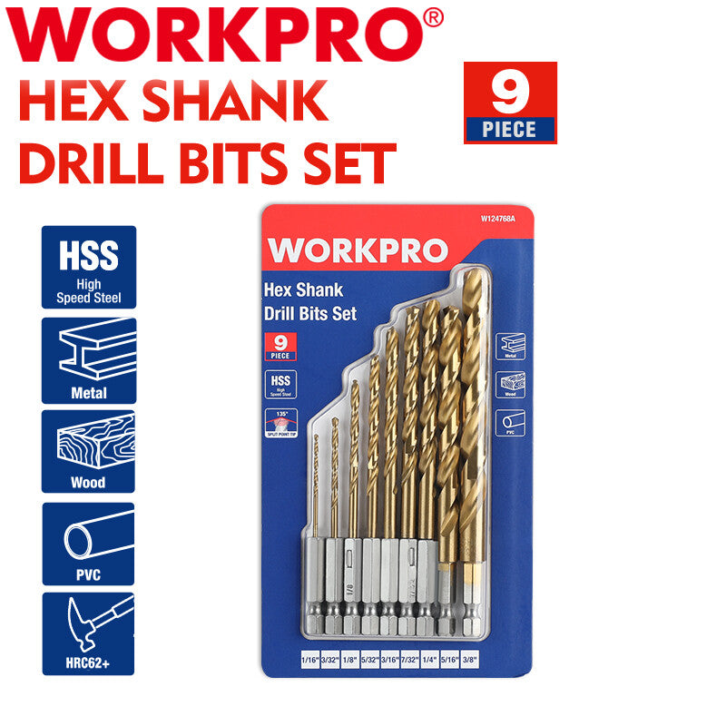 Workpro 1/4" Hex Shank Drill Bit Set Titanium Plating Hss Drill Bits