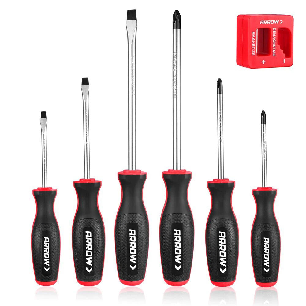 ARROW 6PC Magnetic Screwdriver Set Magnetizer/Dem<wbr/>agnetizer Phillips Flathead Tip