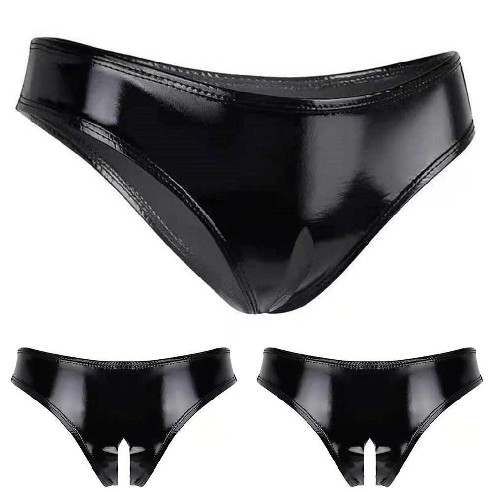 Women Panties Crotchless Briefs Wetlook Leather Thongs Low Rise