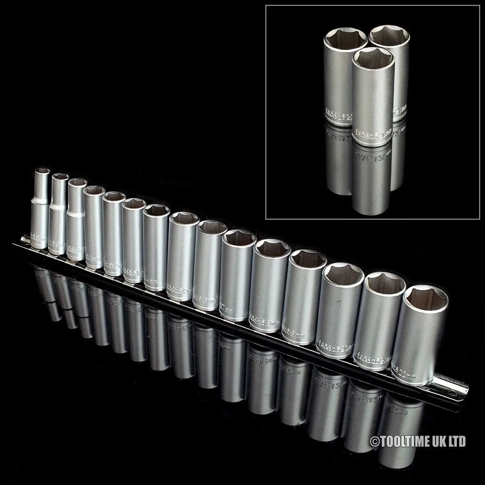 3/8" Drive Deep Metric Socket Set 8mm-22mm + Storage Rail Heavy Duty