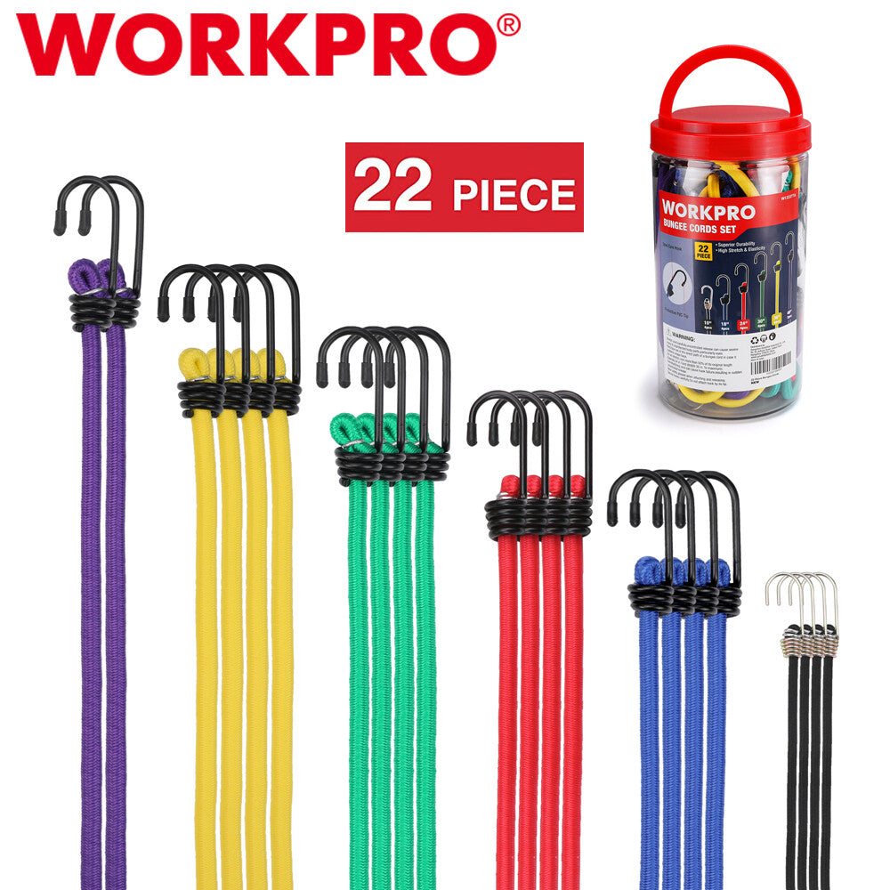 Workpro 22PCS Heavy Duty Bungee Cords W/hook 10" 18" 24" 30" 36" 48"