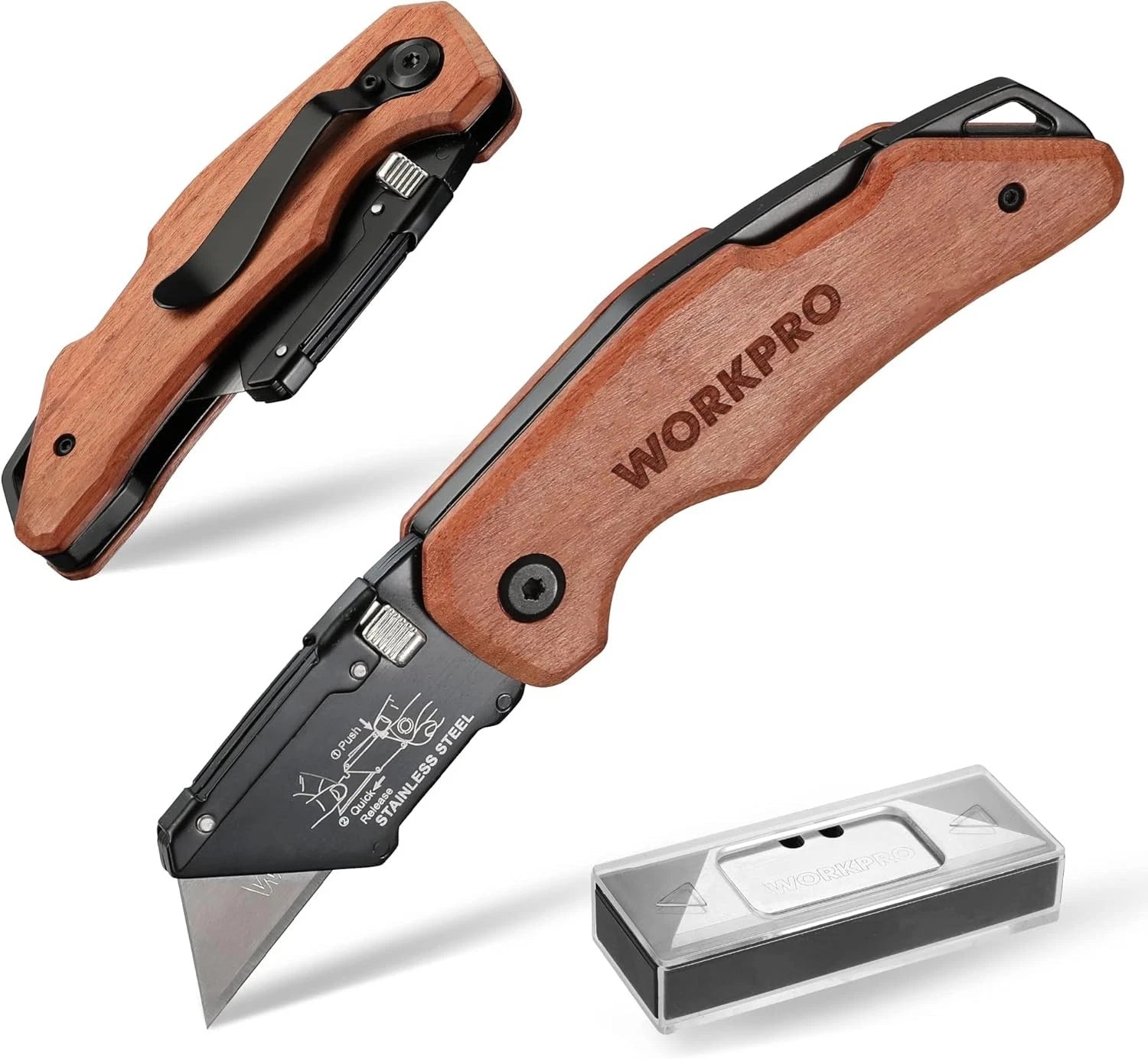 Workpro Folding Utility Knife Quick-change Blade Back Lock Wood