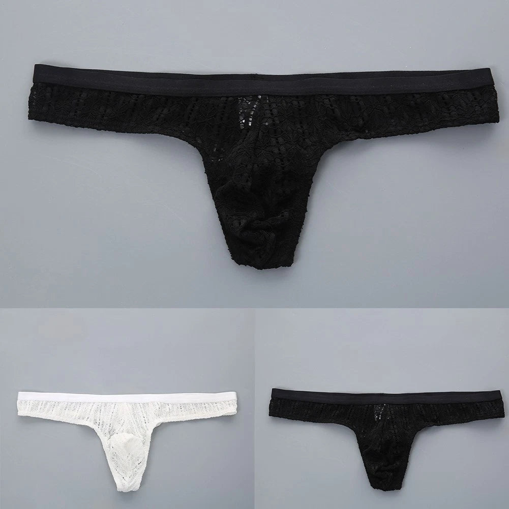 Men Jacquard Lace See Through Thong Underwear Bulge Pouch Gstring