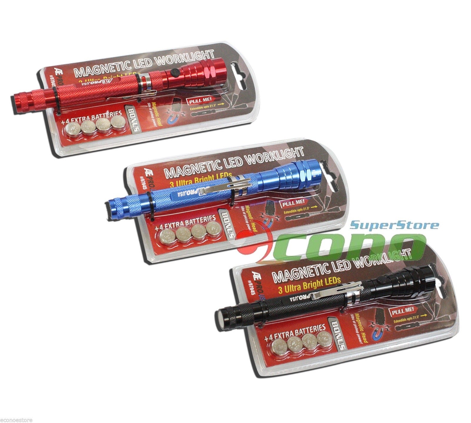 Lot 3 Magnetic Head Flashlight-Telescoping Work Light 6.75"-21.5" Magnet 3 LEDS