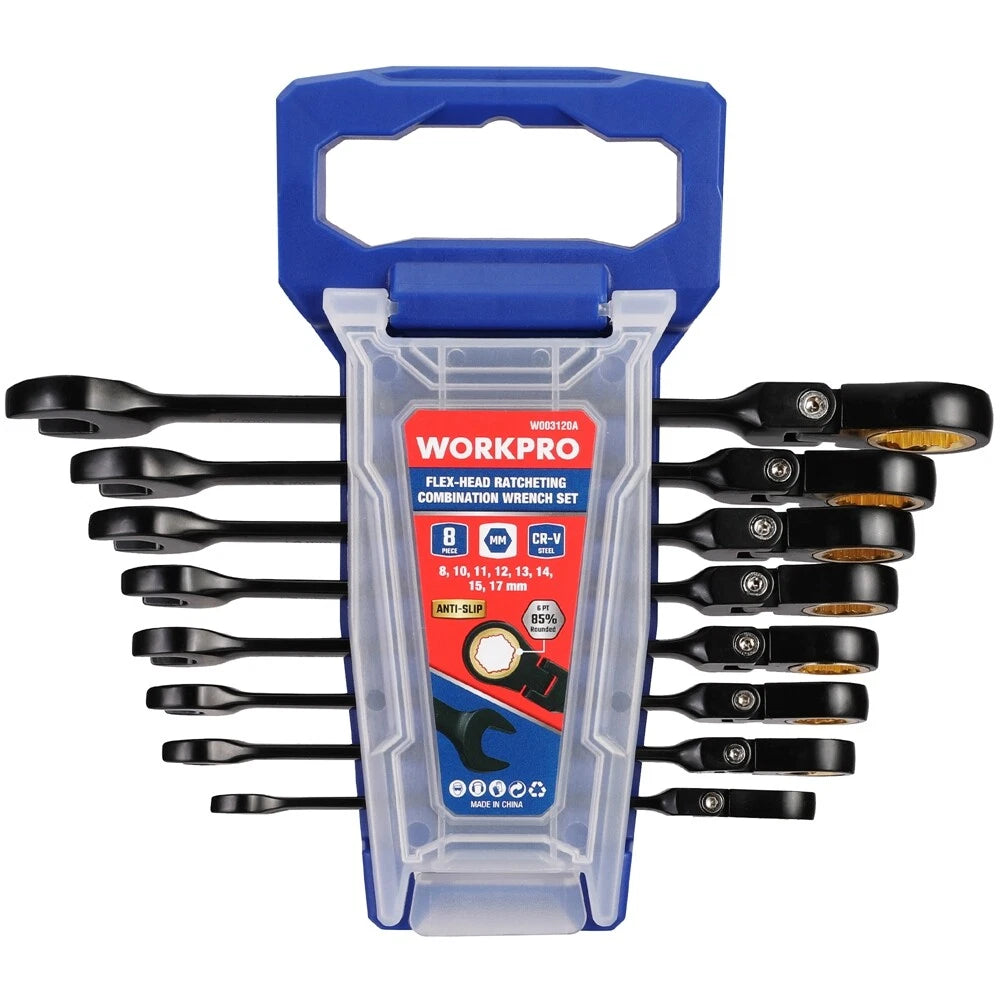 WORKPRO 8PC Flex Head Ratcheting Wrench Set Anti-slip Set Metric 8-17mm 72-Teeth