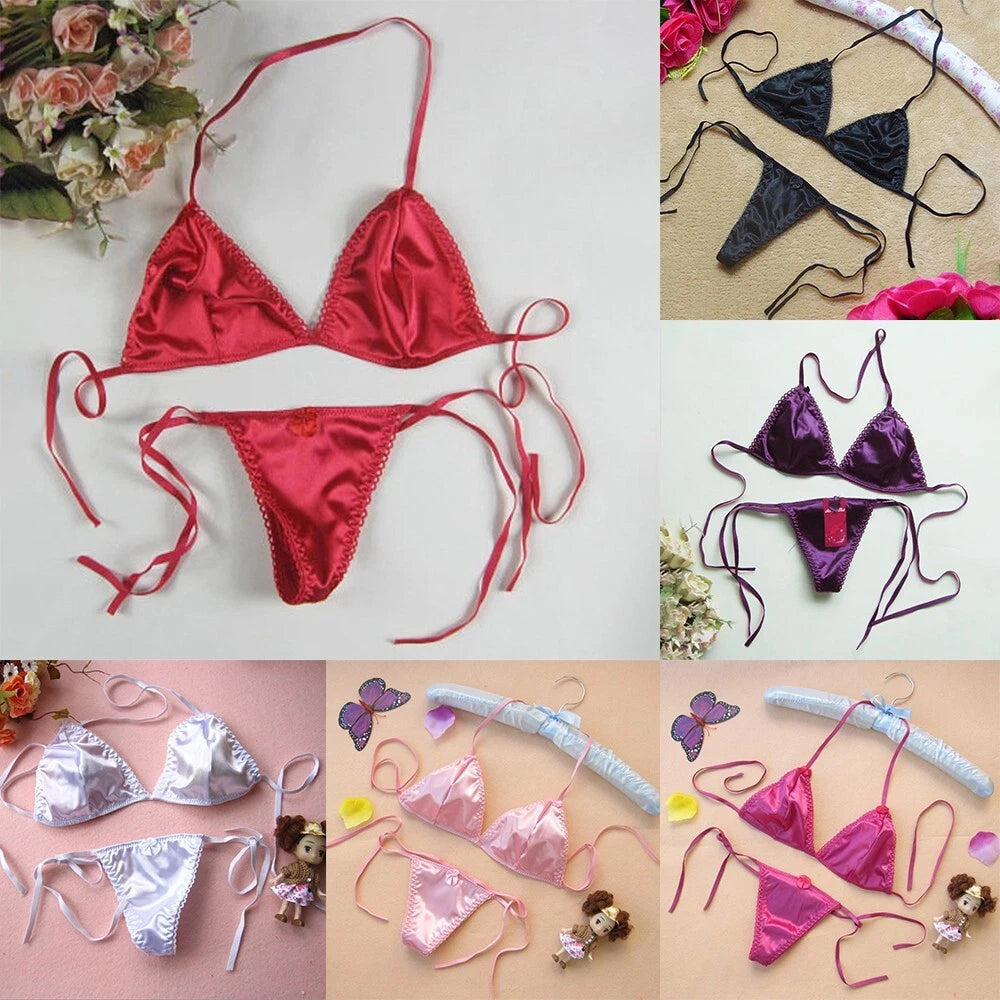 Sexy Womens Satin Silk Thong??underwe<wbr/>ar Bra Panties T-back Lace