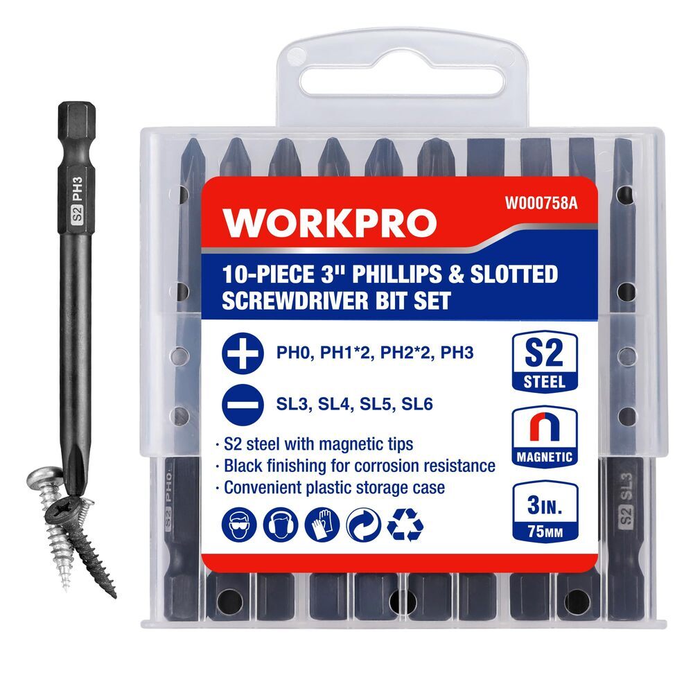 WORKPRO 10pcs Magnetic Slotted Phillips Screwdriver Bit Set
