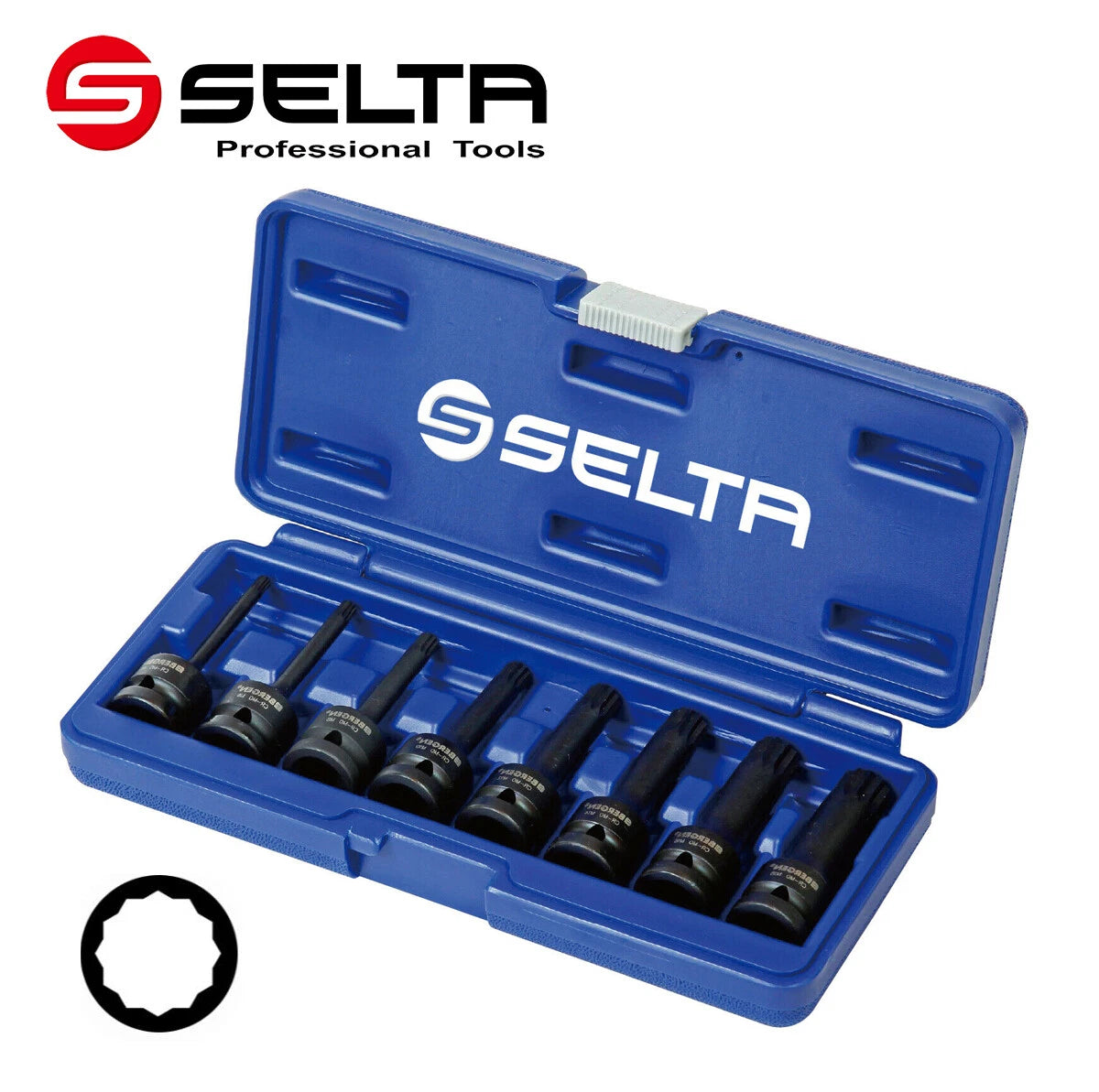 Selta Taiwan 8pc 1/2" Dr. Cr-Mo 78mm Length Impact Spline Socket Bit Set M5-M18