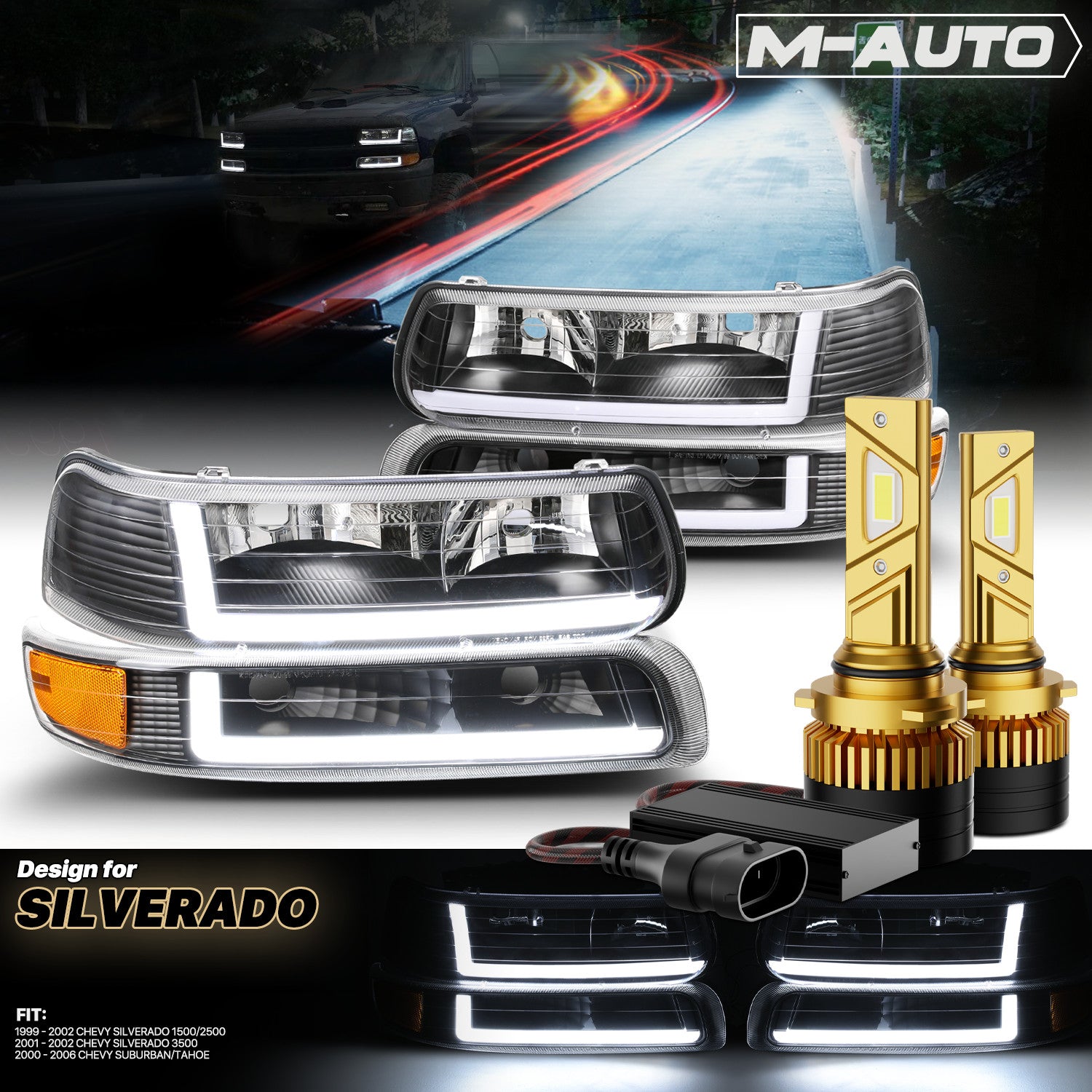 [DRL LIGHT BAR] Black Headlight+Bumper+6500K LED Bulbs