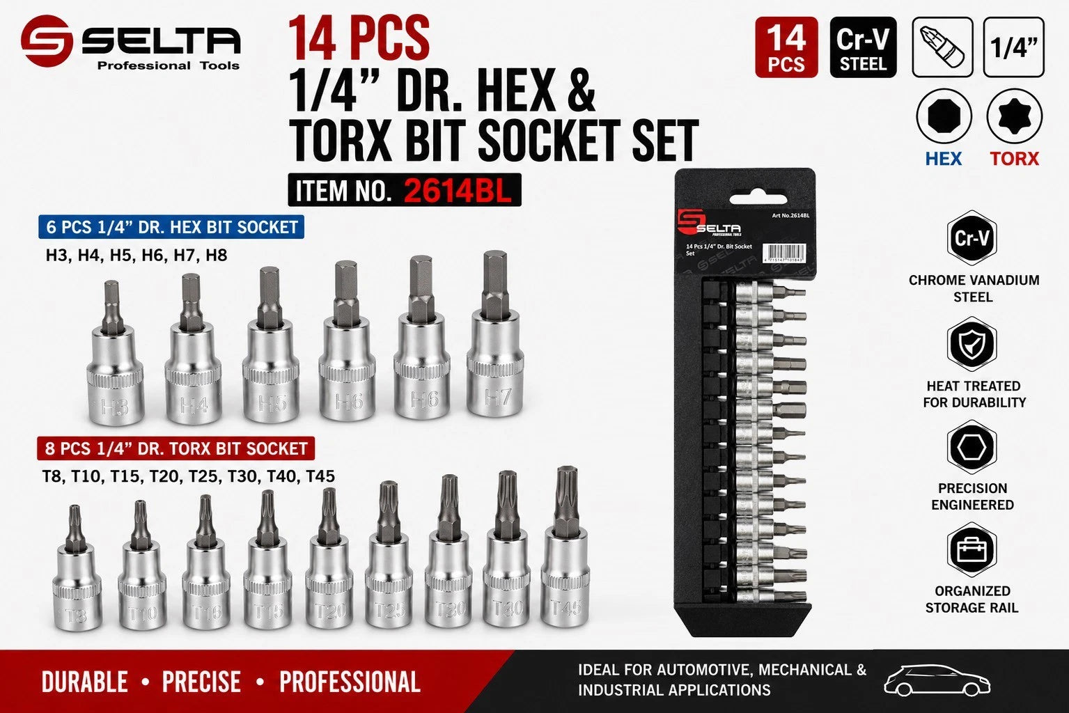 Selta Taiwan 1/4" Dr. H3-h8 Hex Allen & T8-t45 Torx Star Socket Bits