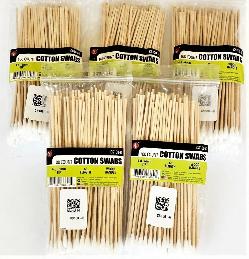 500 Se 6" Industrial Wood Handle Cotton Swabs Tips Detailing Cleaning