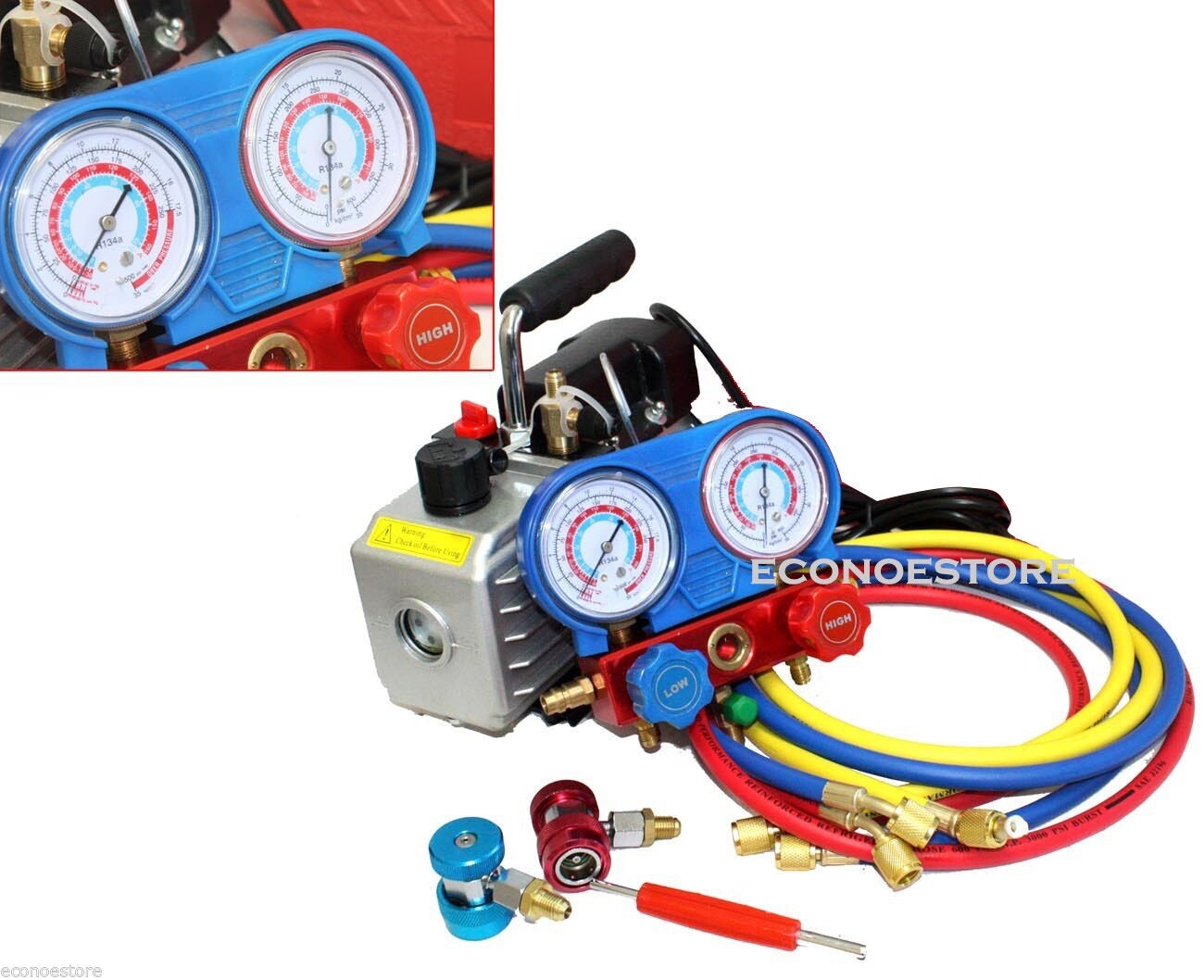 Combo 3CFM 1/4hp Rotary Vacuum Pump & HVAC Manifold Gauge Set R134 R22 R12 R410a