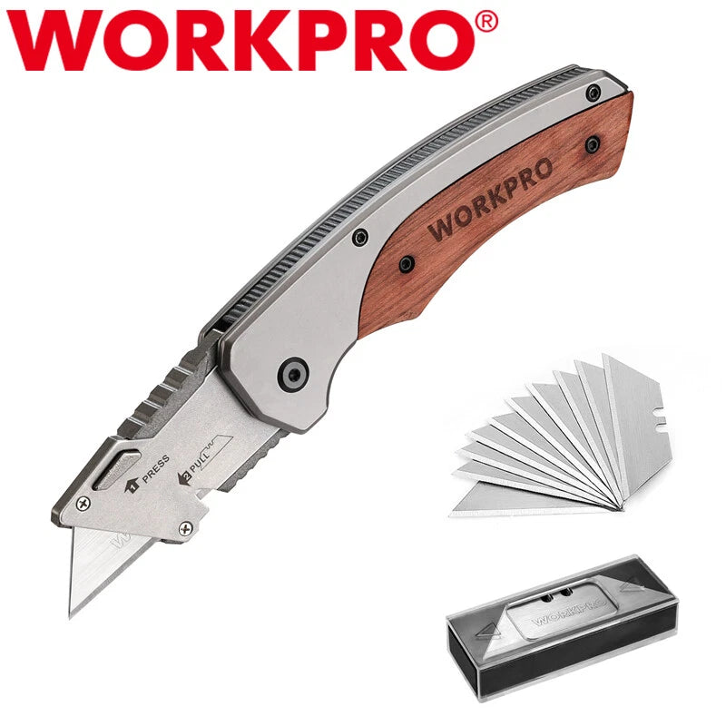 Workpro Folding Utility Knife Box Cutter Razor Knife Wood Handle Sk5