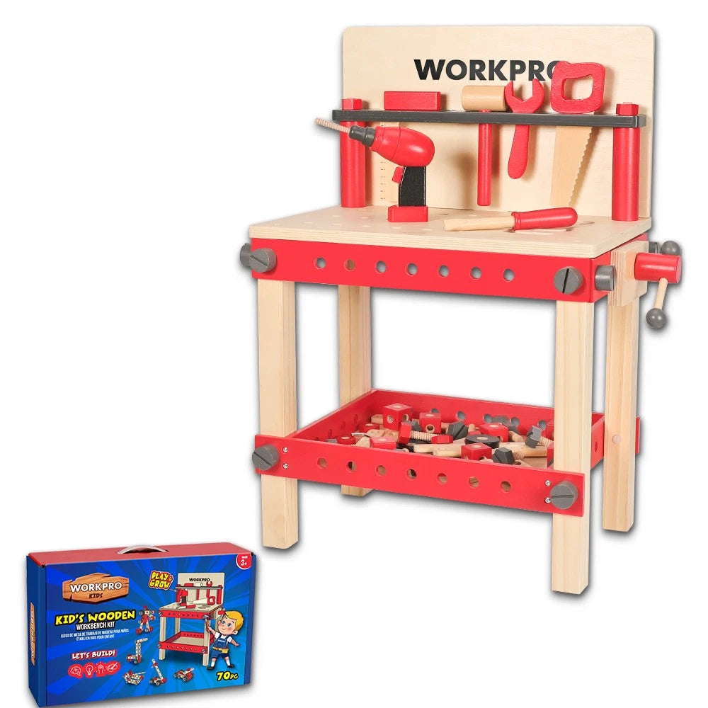 WORKPRO 70PC Kids Building Toy Educational Construction Toy Wooden Workbench Kit
