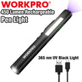 WORKPRO USB Rechargable Pocket Pen Light 450 Lumen LED Flashlight UV