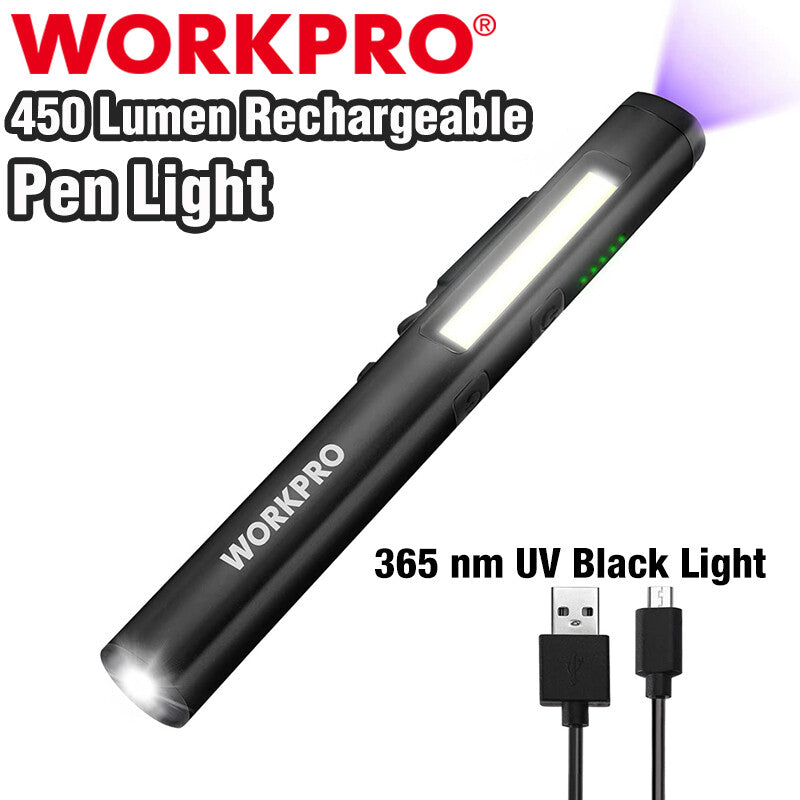 WORKPRO USB Rechargable Pocket Pen Light 450 Lumen LED Flashlight UV