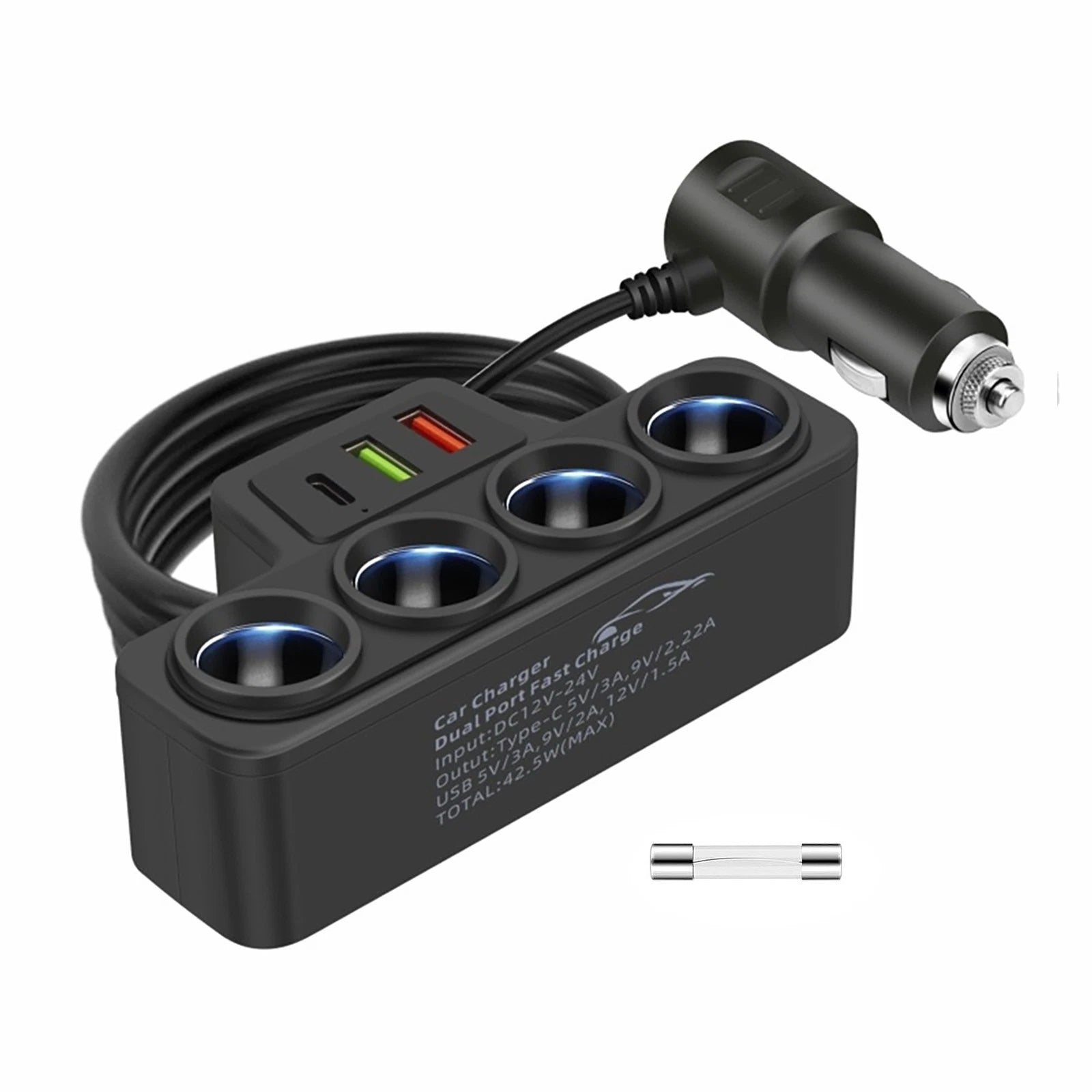 7-in-1 4-way Car Cigarette Lighter Splitter Fast Charger Power