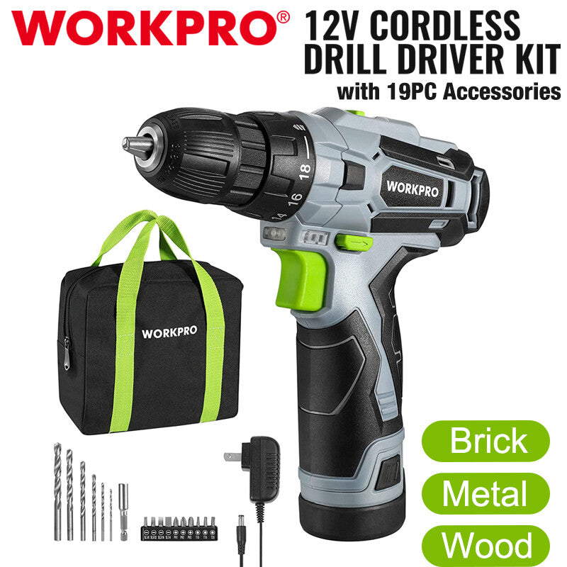 WORKPRO Cordless Drill Driver Kit 12V Screwdriver Driver Tool 3/8"