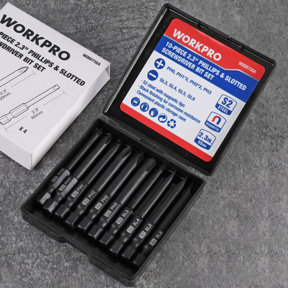 Workpro 10PCS Magnetic Slotted Phillips Screwdriver Bit Set 1/4" Hex
