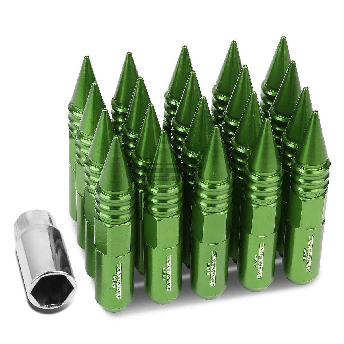 M12x1.5 107mm Tall 20mm Od Green Aluminum Jdm Spiked Cap Lug