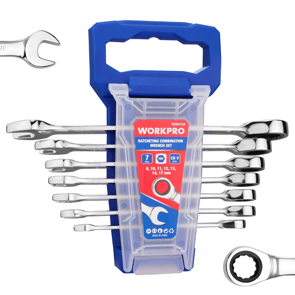 WORKPRO Ratcheting Combination Wrench Sets 7PCS Metric 8mm-17mm w/Organizer Rack